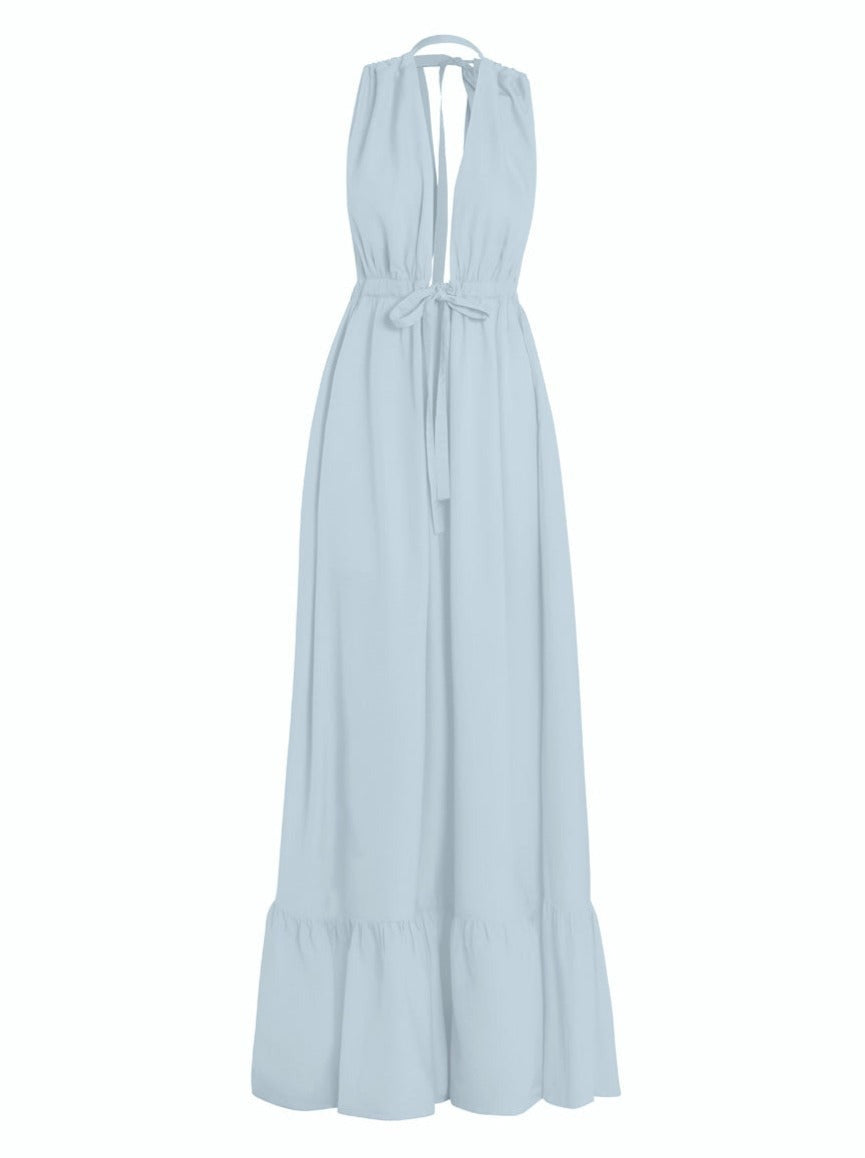 Aurora Bamboo Poplin Halter Maxi Dress - Light Blue