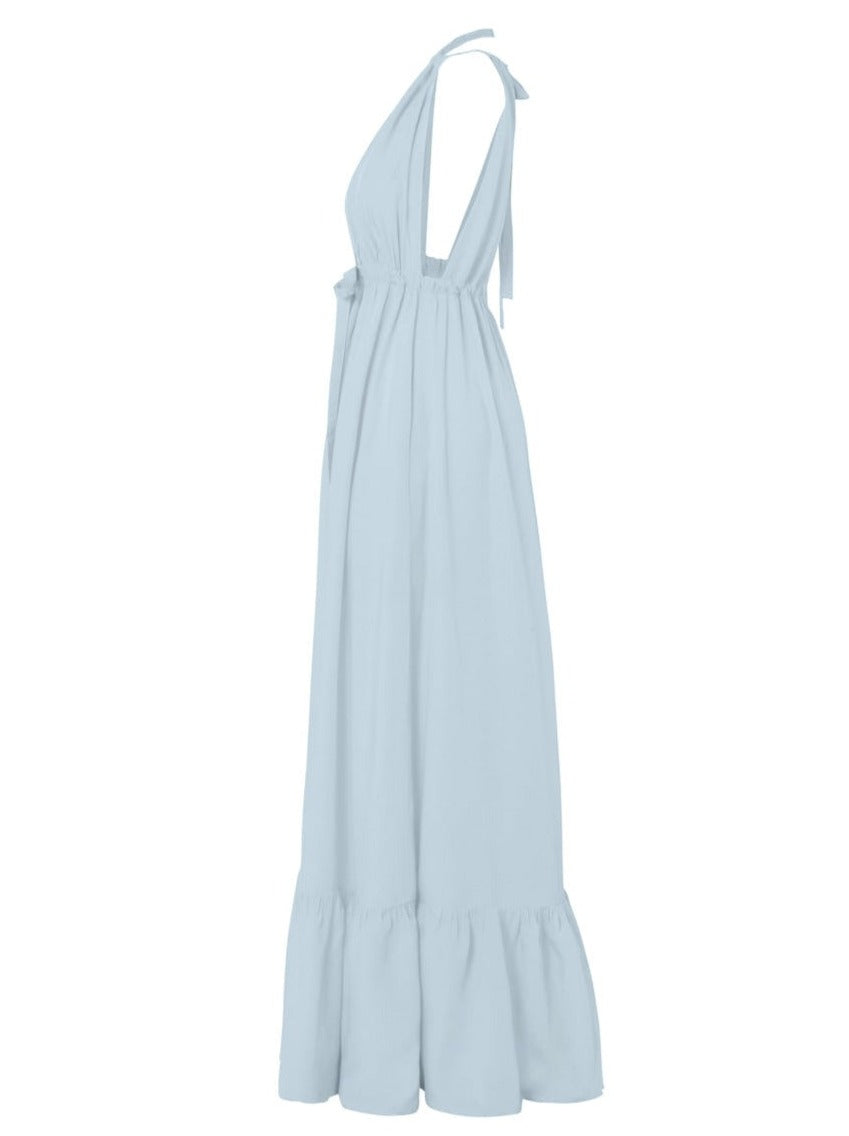 Aurora Bamboo Poplin Halter Maxi Dress - Light Blue