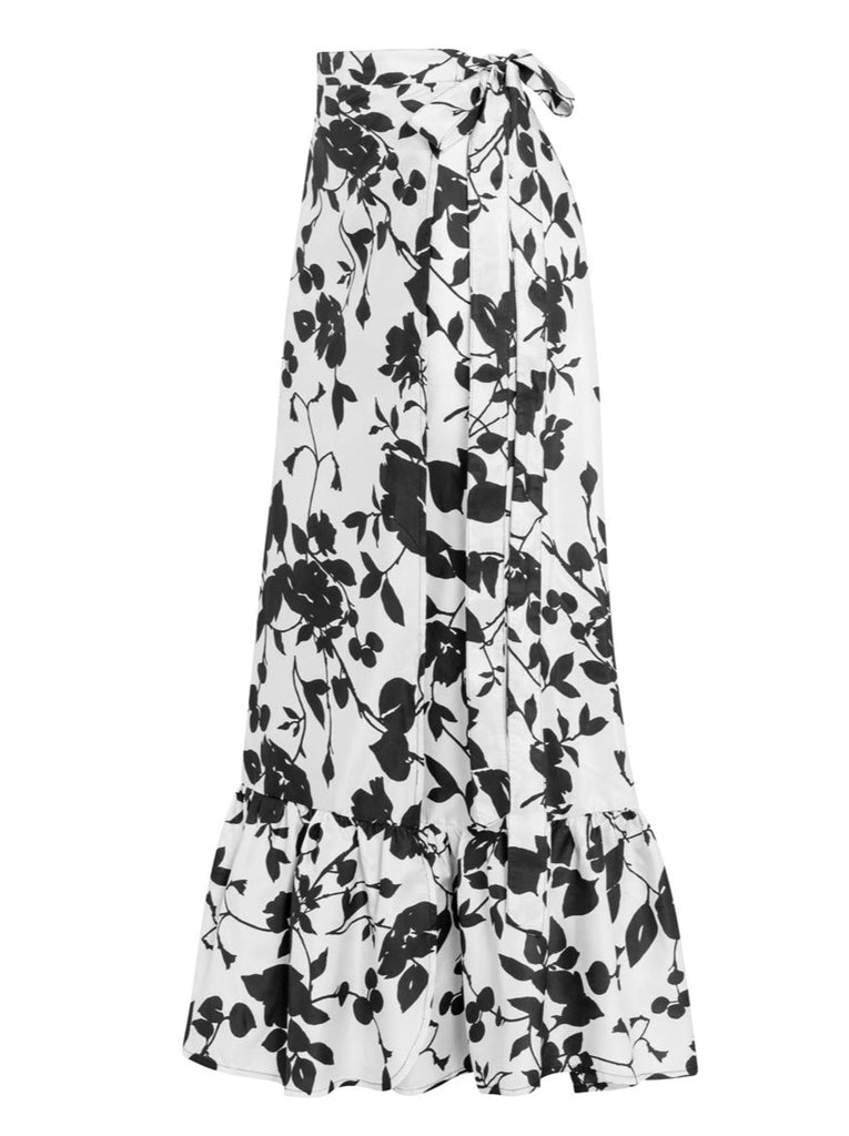 Calypso Silk Taffeta Wrap Skirt - Black Floral