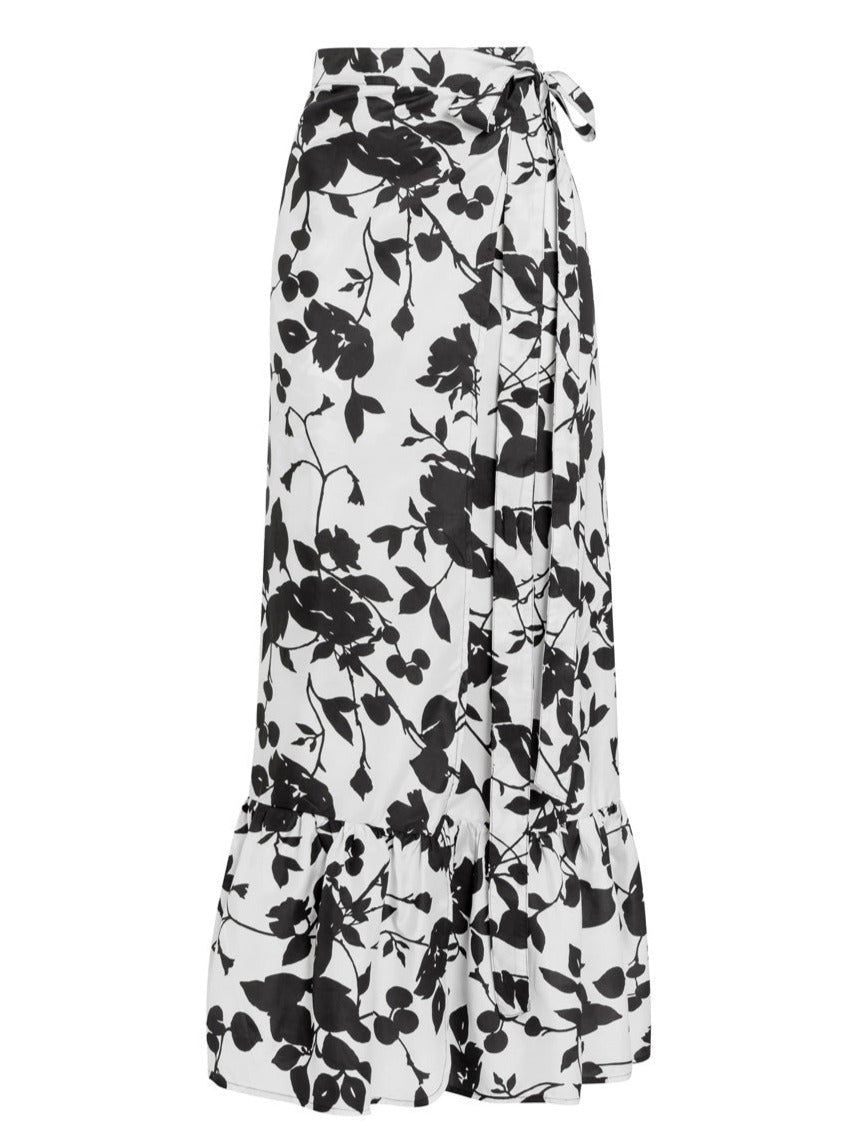 Calypso Silk Taffeta Wrap Maxi Skirt - Black Floral