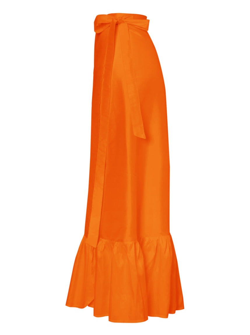 Calypso Silk Taffeta Wrap Maxi Skirt - Tangerine
