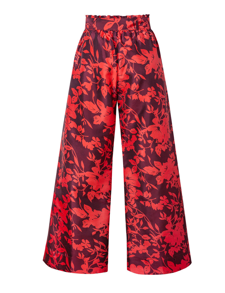 Paloma Floral Print Belted Silk Pant - Maroon Coral