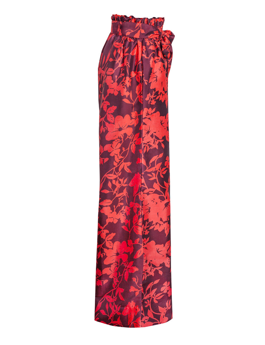 Paloma Floral Print Belted Silk Pant - Maroon