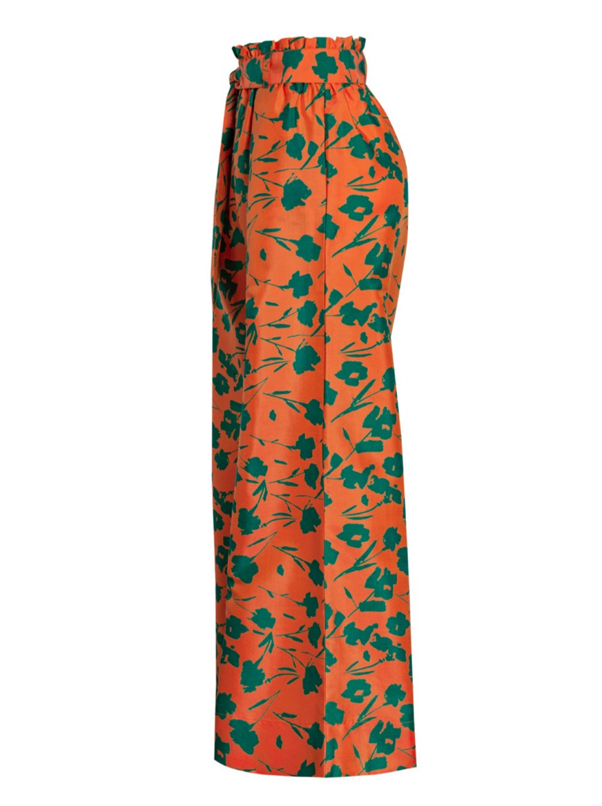 Paloma Tie Waist Silk Palazzo Pant - Orange/Green Floral