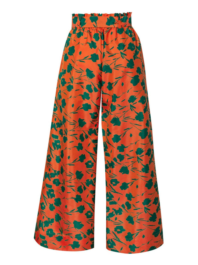 Paloma Tie Waist Silk Palazzo Pant - Orange/Green Floral