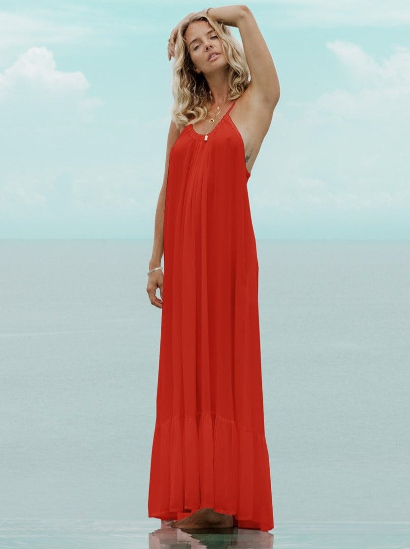 Thalia Bamboo Crepe Ruffle Maxi Dress - Tomato Red