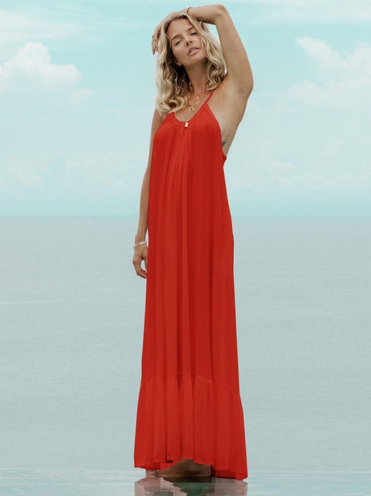 Thalia Bamboo Maxi Ruffle Dress - Tomato Red