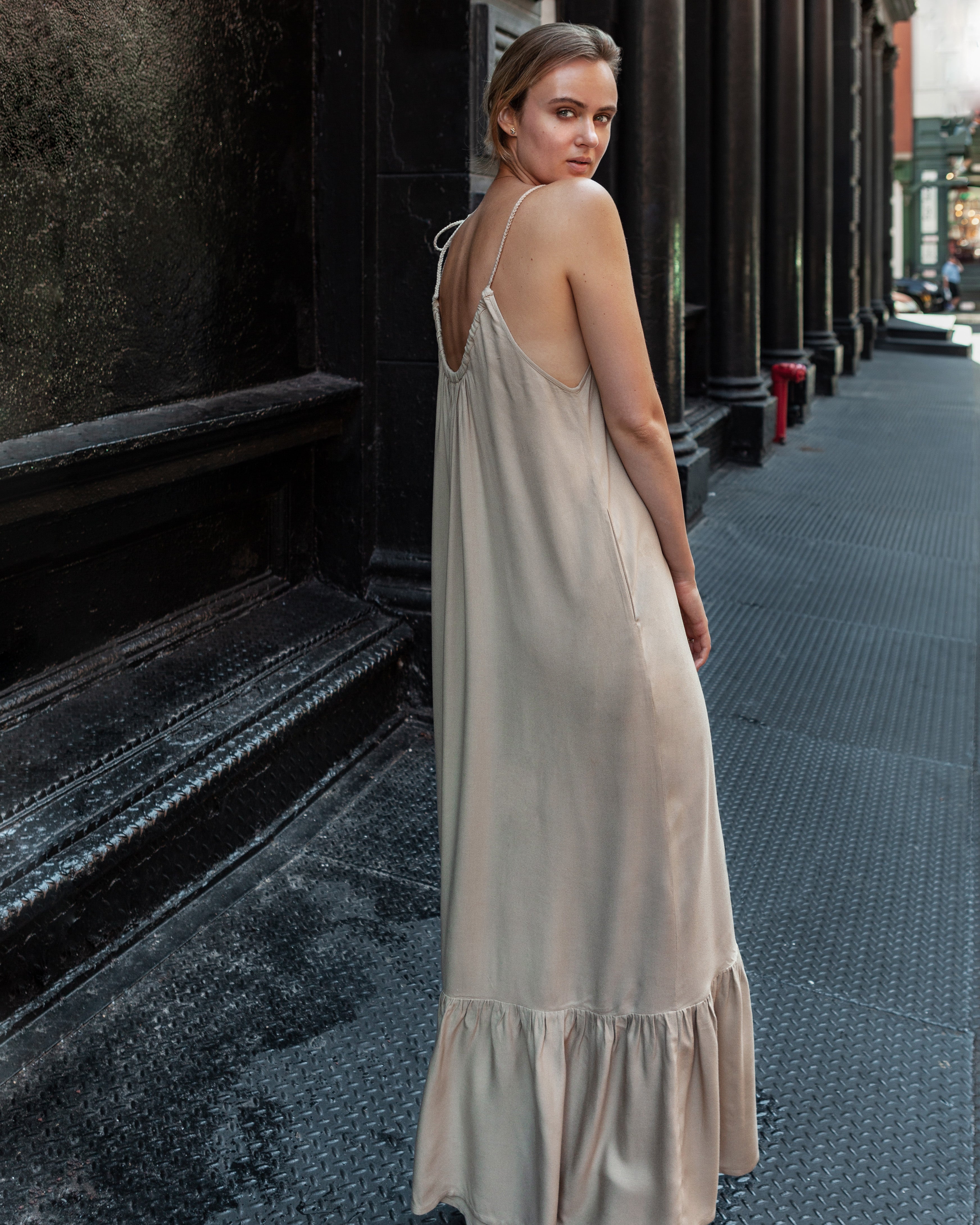 Thalia Bamboo Crepe Ruffle Maxi Dress - Khaki - AMARIS