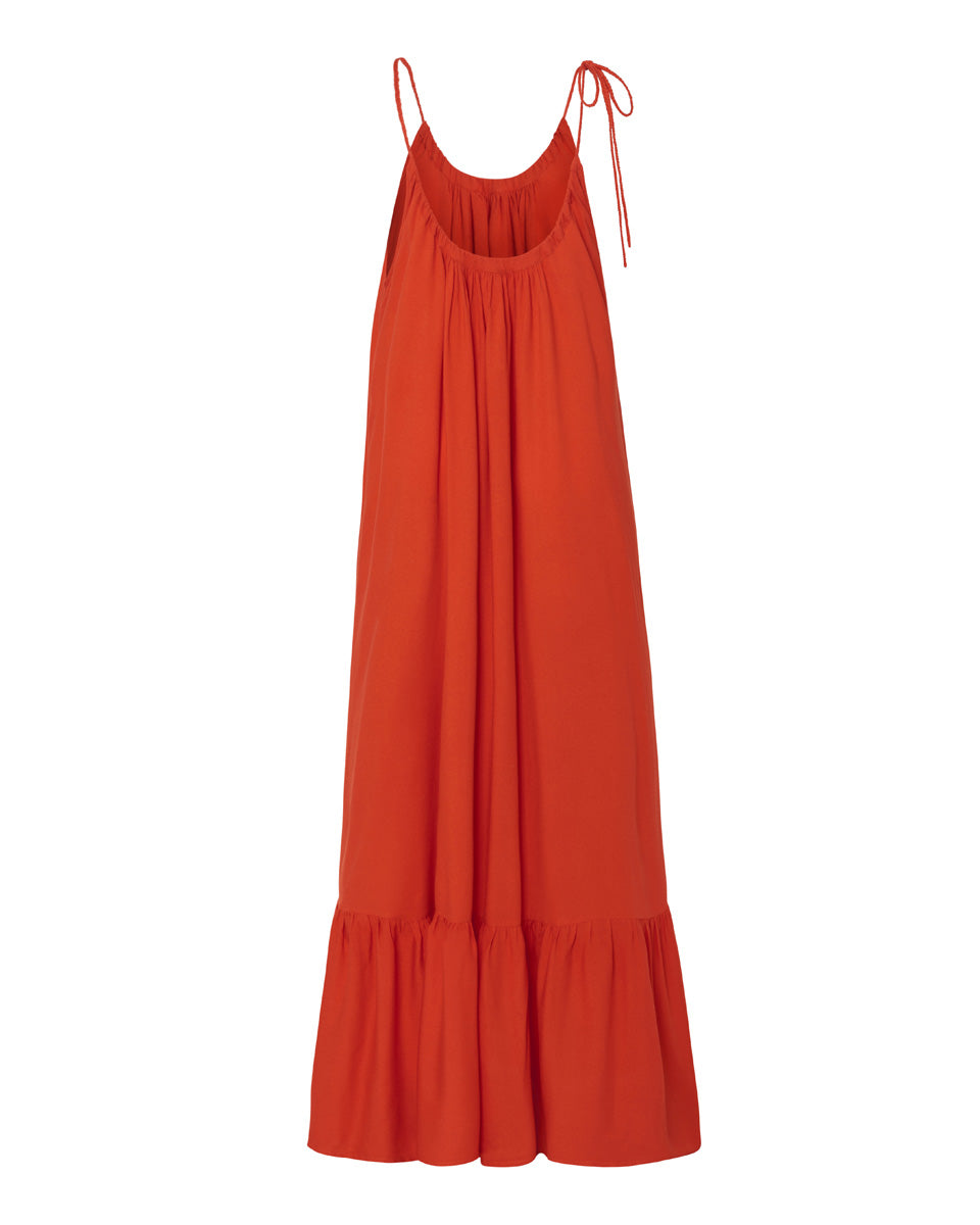 Thalia Bamboo Crepe Ruffle Maxi Dress - Tomato Red - AMARIS