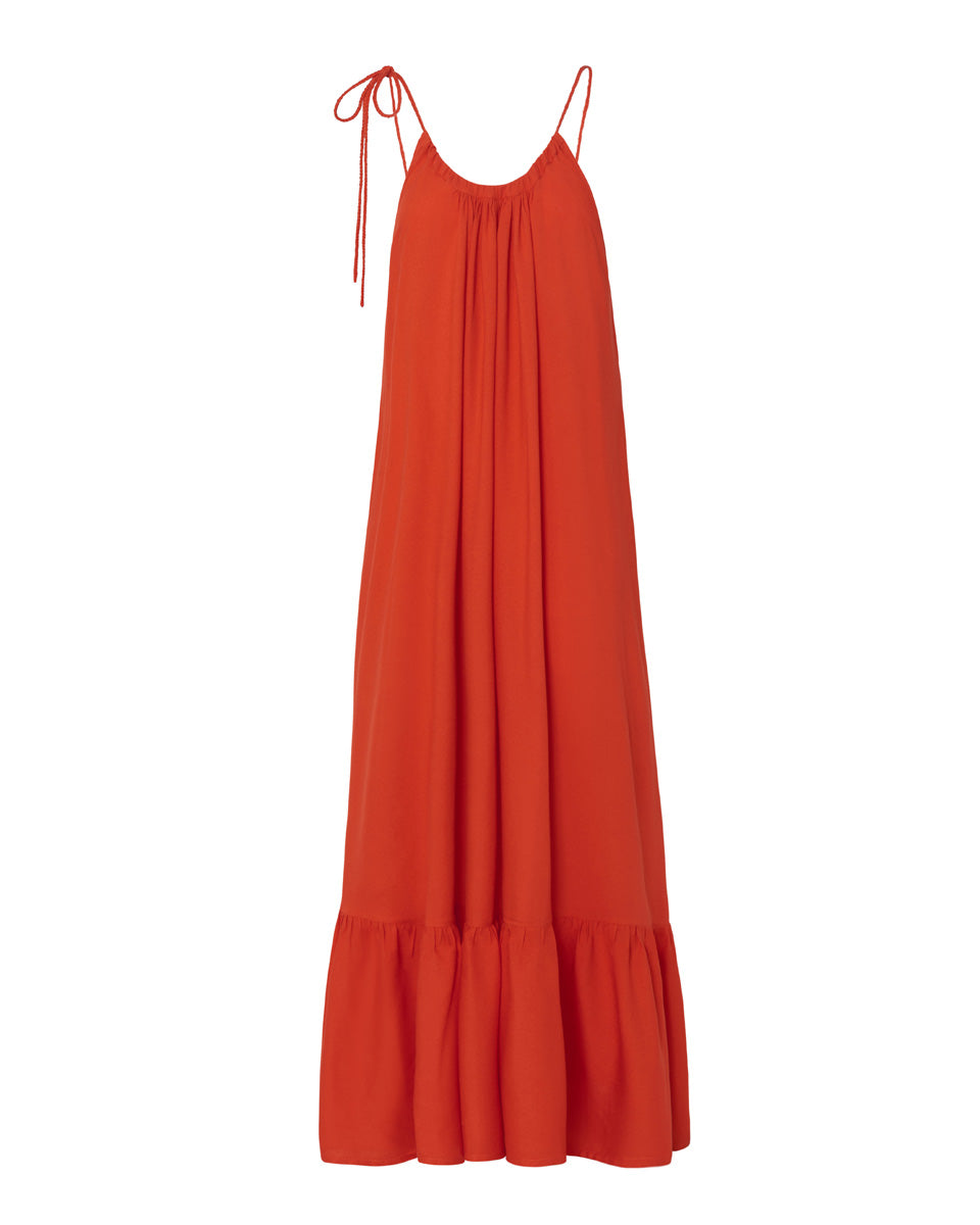 Thalia Bamboo Crepe Ruffle Maxi Dress - Tomato Red - AMARIS